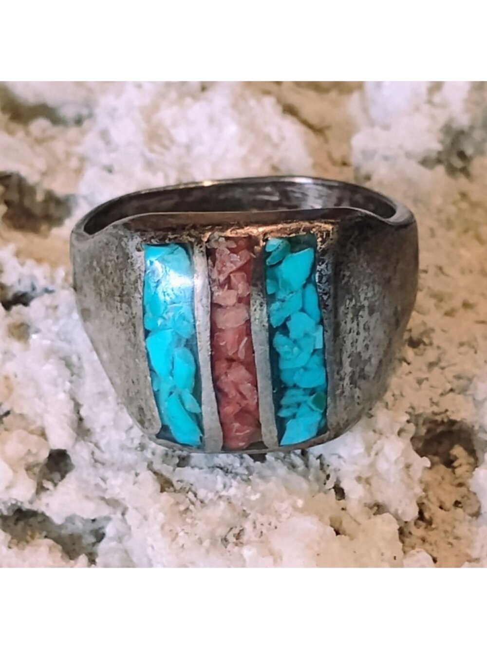 Vtg Navajo Old Pawn Crushed Chip Turquoise Coral Channel Inlay Band Ring Size 10